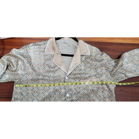 Luxury 100% Silk Pajama Set Women’s Beige Blue Geometric Print Button Top & Pant - Picture 7 of 10